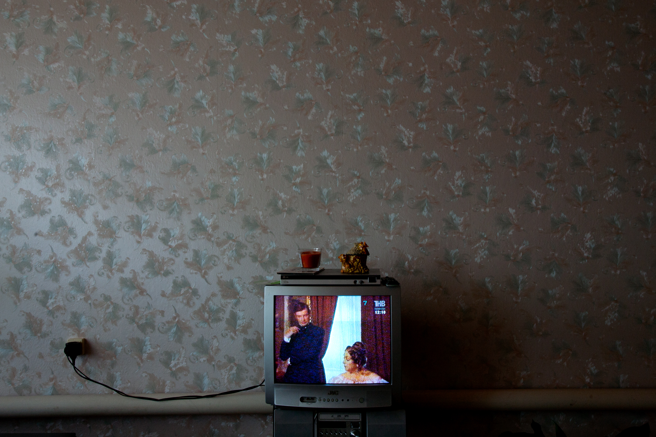 A Russian soap opera lights up the television in a Tatar home in Aktanish.